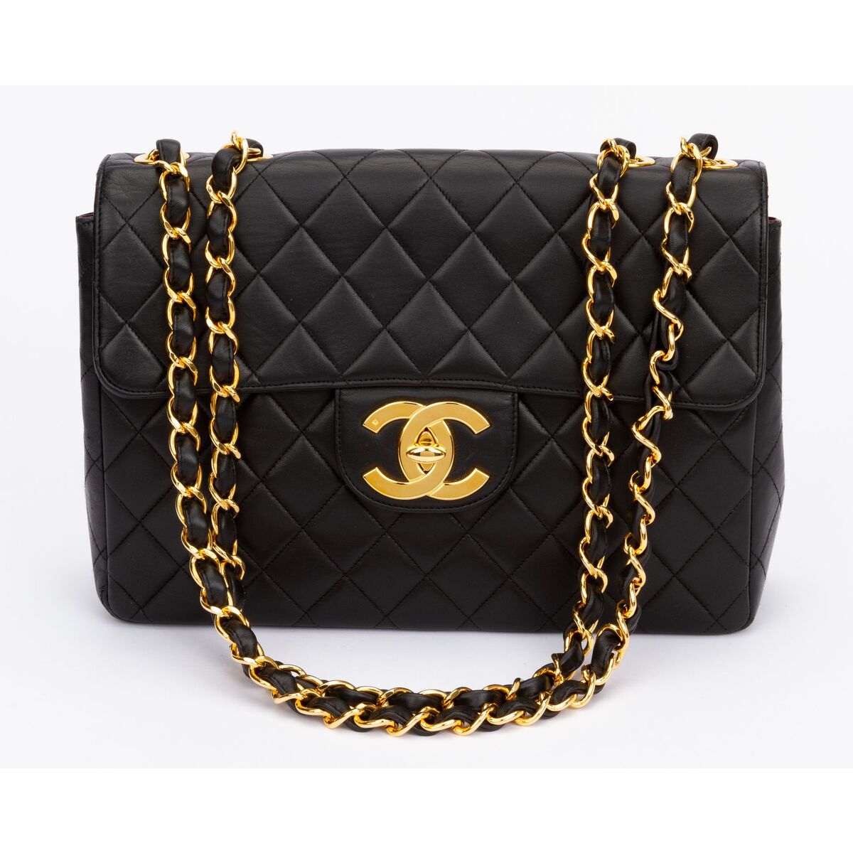 Chanel Jumbo Black 24kt Logo Flap Bag - Vintage Lux