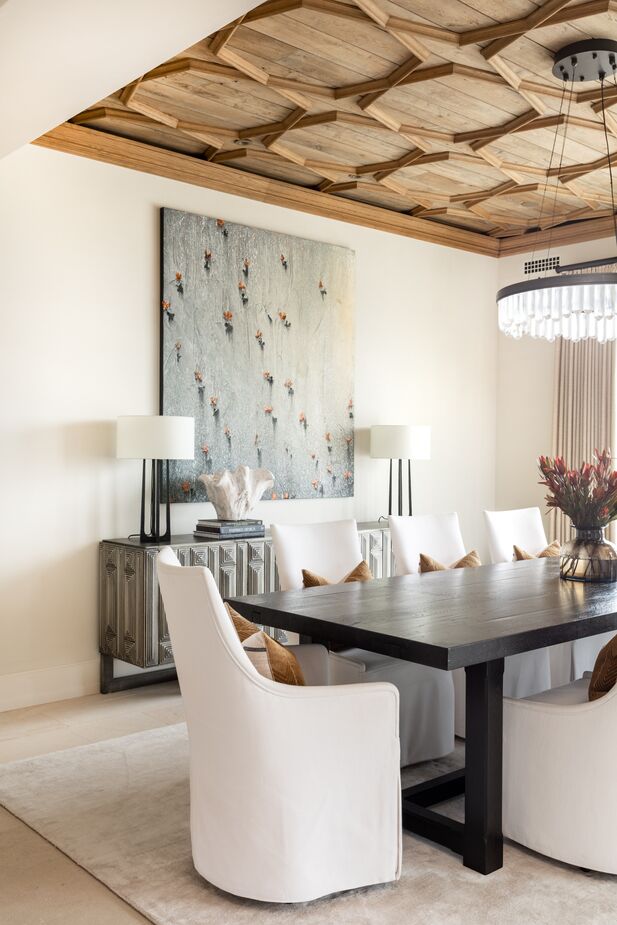 Insert Design’s Majid Maleki designed the dining room ceiling’s elaborate overlay to add an element of formality while complementing the tongue-and-groove ceiling of the adjacent space.  
