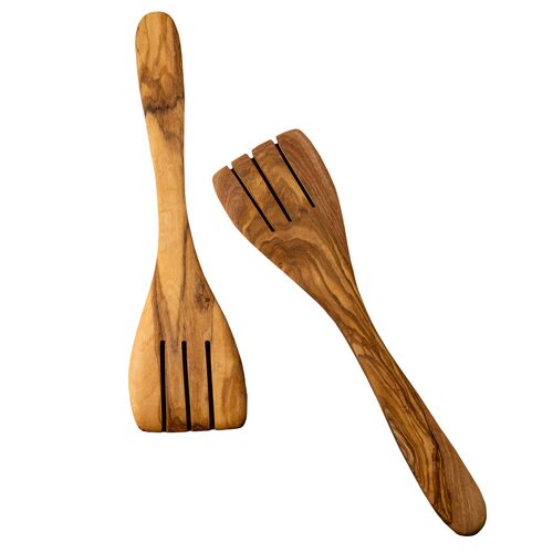 Gharyan Stoneware, Olive Wood Serving Spatula Forks - Pair