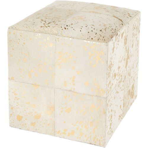 Darlene Hair on Hide w/ Spots Cube Ottoman, White/Gold