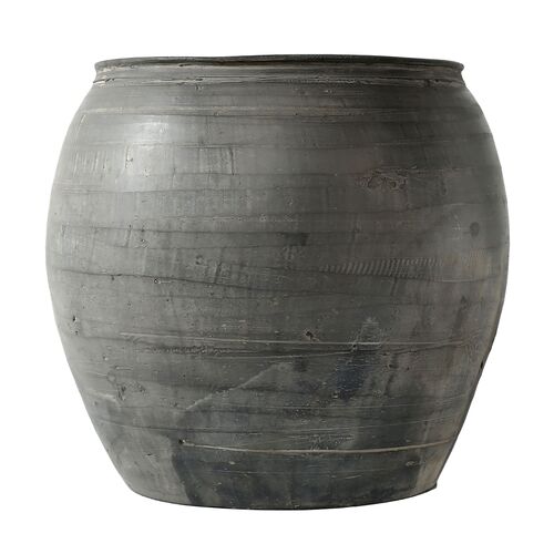 Vintage 14" Pottery Jar, Charcoal/Gray