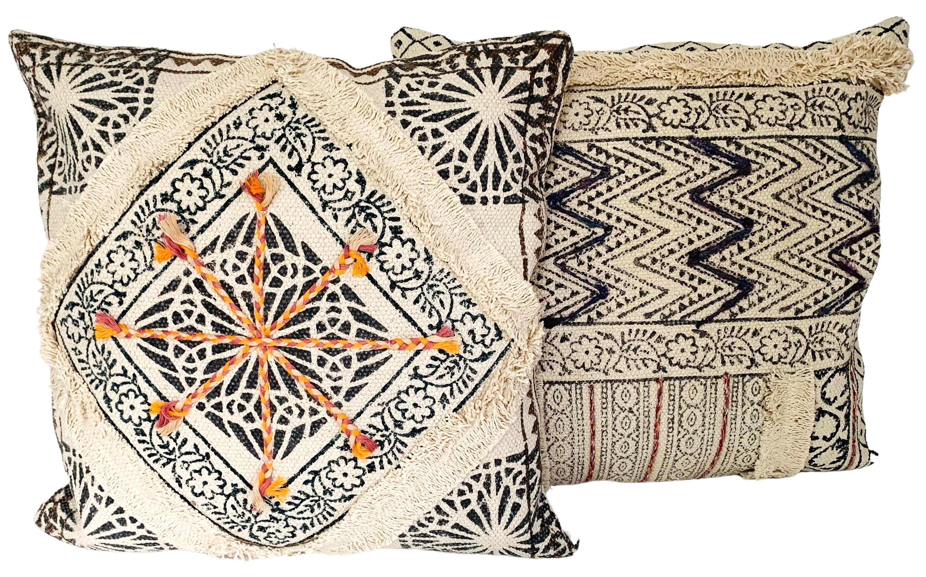 Indian Hand-Printed Pillows, Pair
