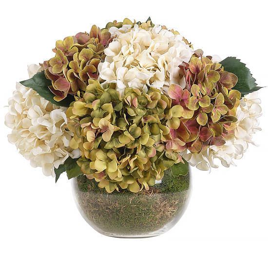 12" Hydrangea with Moss in Glass Bubble Vase, Faux