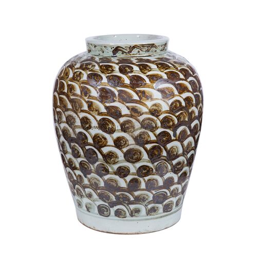 17" Rustic Jar With Fish Scale Pattern, Brown
