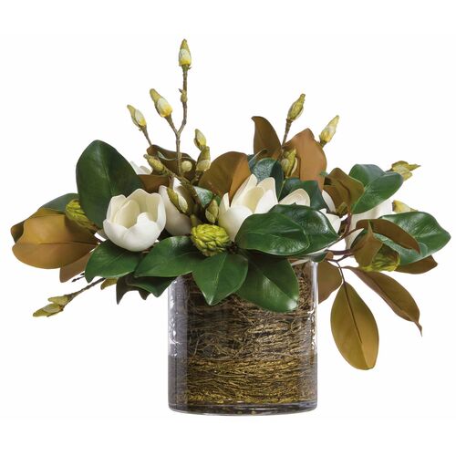 19" Magnolia Twig Arrangement in Glass Vase, White