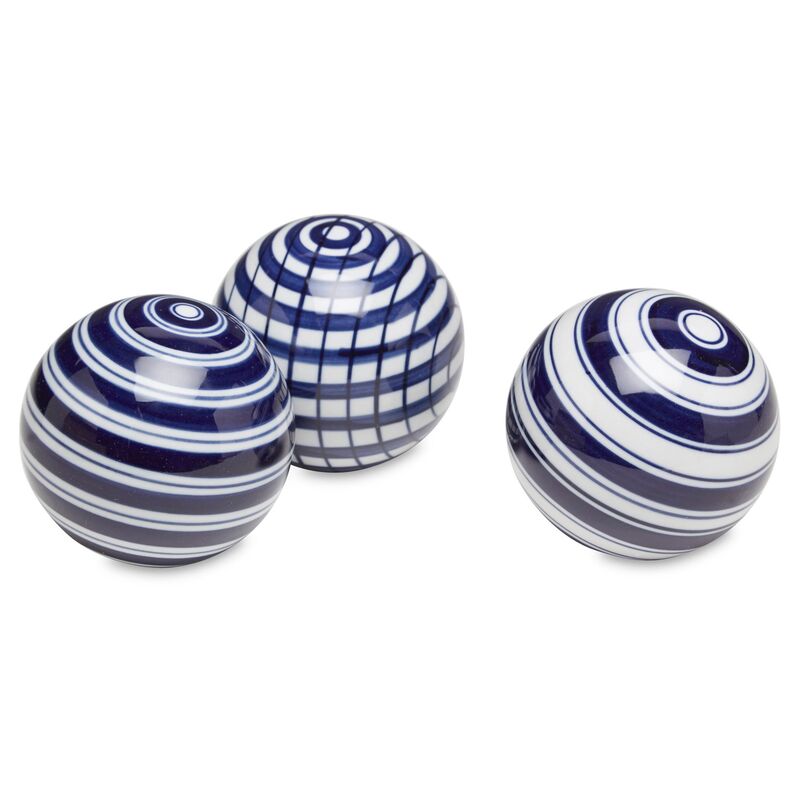 Asst. of 3 Striped Sphere Accents, Blue/White