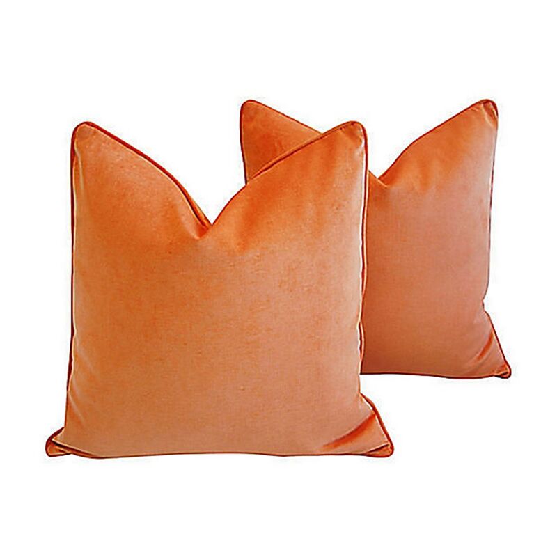 Tangerine Orange Velvet Pillows, Pair