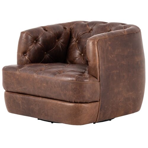Deacon Leather Tufted Swivel Chair, Cigar