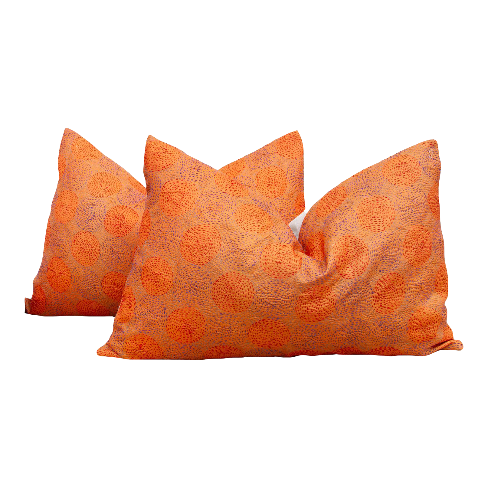 Pair of Tangerine Silk Kantha Pillows~P77670958