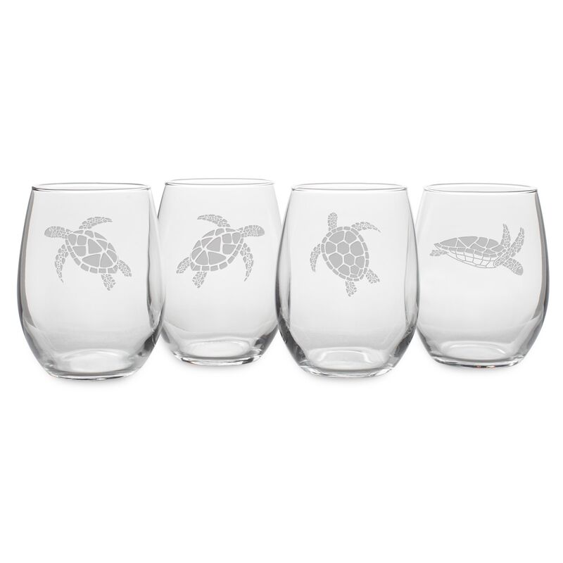 Asst. of 4 Sea Turtle Stemless Wineglasses, Clear