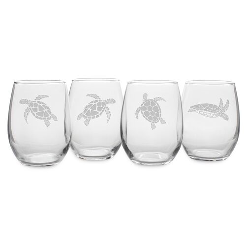 Asst. of 4 Sea Turtle Stemless Wineglasses, Clear~P63220223