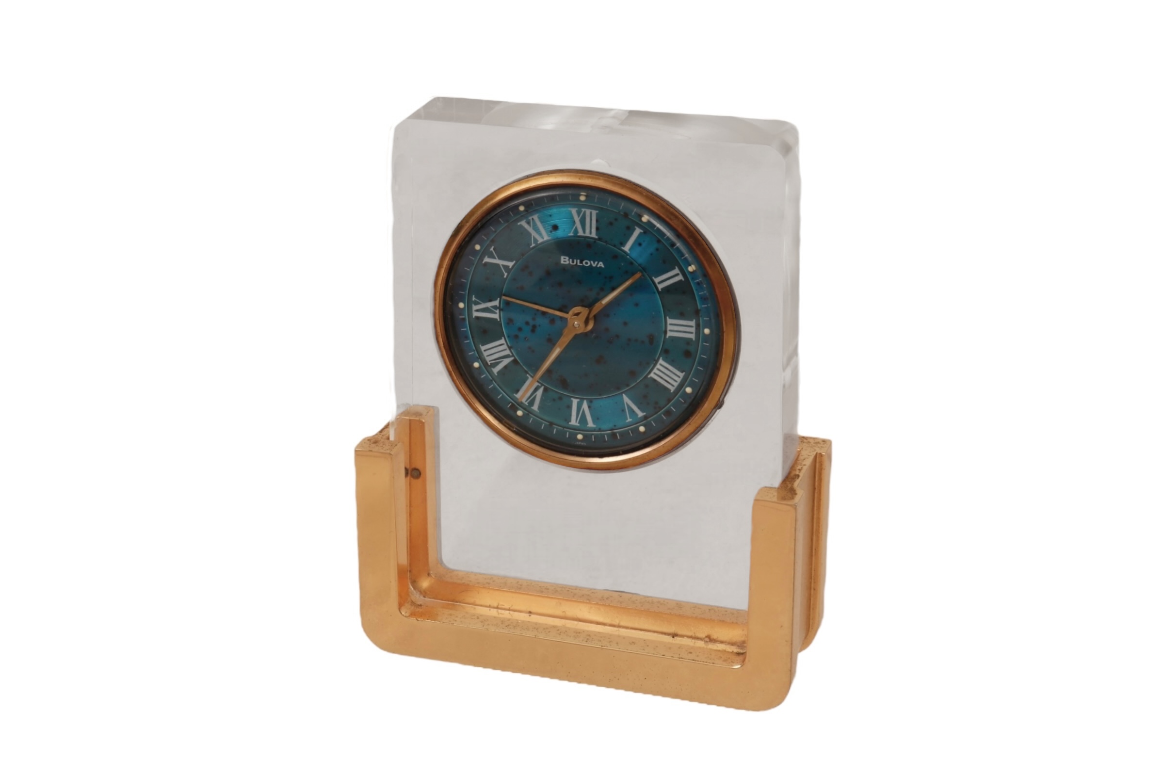 Lucite & Brass Table Clock by Bulova~P77698114