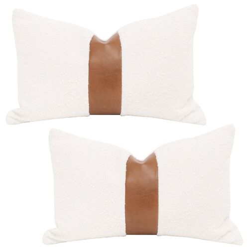 S/2 Astria 13"x20" Boucle/Leather Lumbar Pillows, Snow/Whiskey Brown