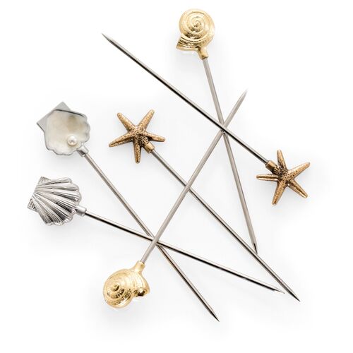 S/6 Shell Cocktail Picks, Silver/Gold~P77474402