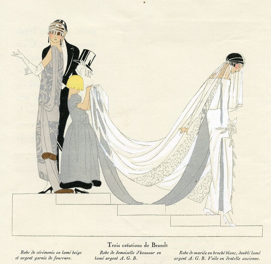 The straight-lined dresses and the linear style of art make it clear that this 1923 print from a French fashion magazine dates to the Art Deco era.
