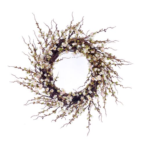 24" Peach Blossom Wreath, White/Brown