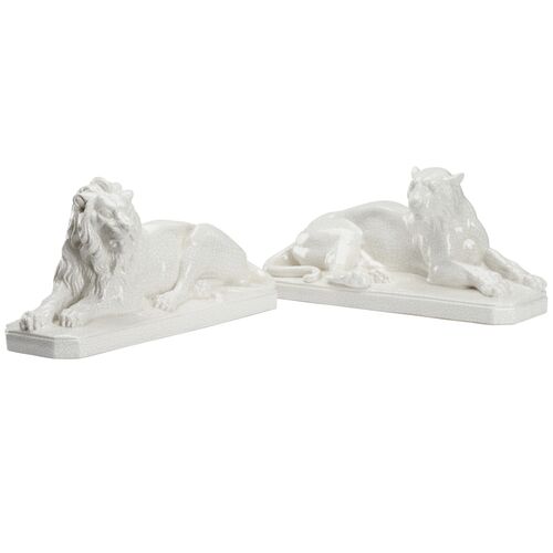 S/2 Lion Figurines, White