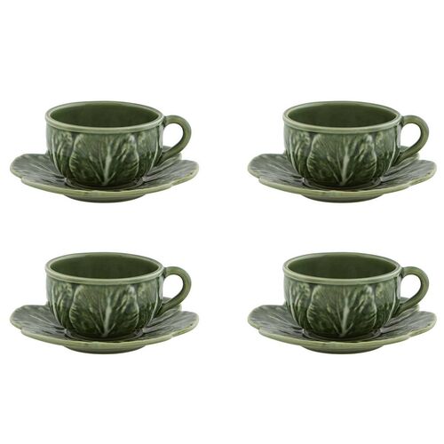 S/4 Cabbage Tea Cups And Saucers, Green