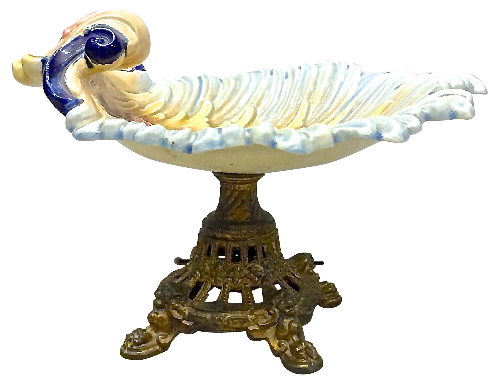 Ant. Leaf Majolica & Brass Compote Dish~P77535119