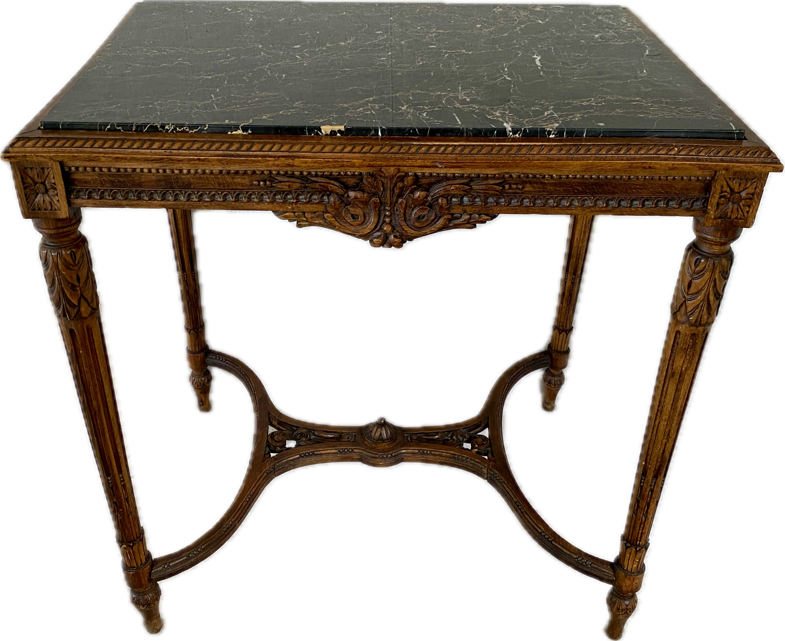 French Hand-Carved Oak & Marble Table~P77689907