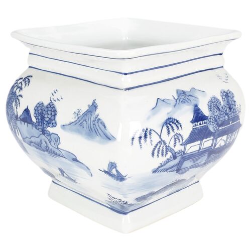 70" Square Pagoda Porcelain Planter, Blue