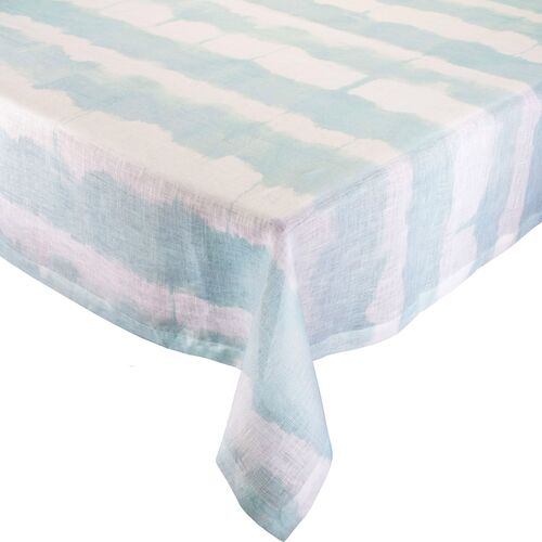 Watercolor Stripe Linen Tablecloth, White/Seafoam Watercolor Stripe Linen Tablecloth, White/Seafoam