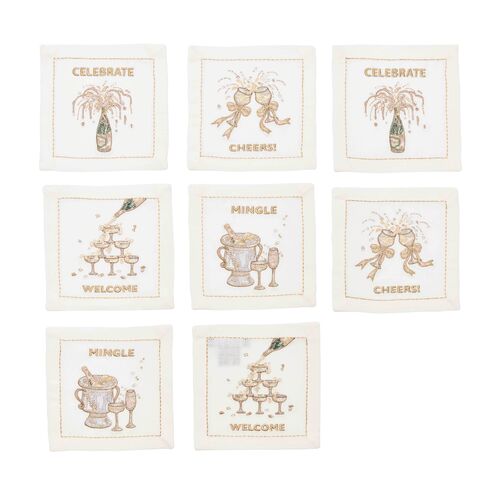 S/8 Cheers Cocktail Napkin in White in Gift Box, Gold/Silver S/8 Cheers Cocktail Napkin in White in Gift Box, Gold/Silver