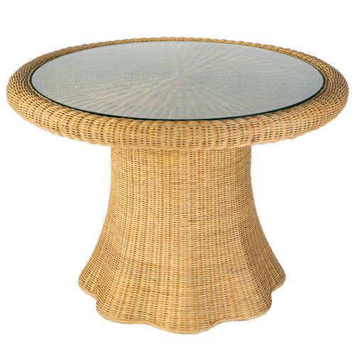 Sunny Scallop 42" Round Rattan Glass Top Dining Table, Natural