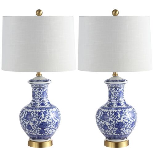 S/2 Cormac Chinoiserie Table Lamps, Blue/White