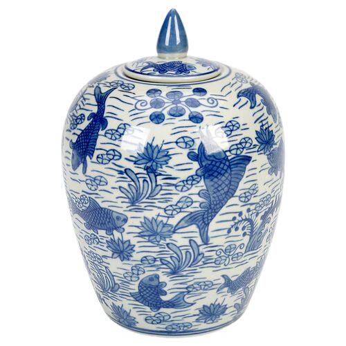 Jar with Fish Design, Blue/White