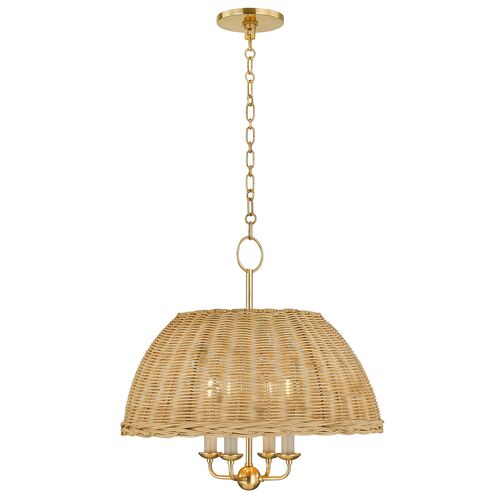 Emely Rattan Dome Chandelier, Natural/Aged Brass