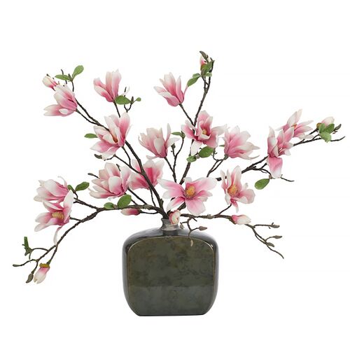 26" Magnolia Arrangement in  Ceramic Vase Green, Faux