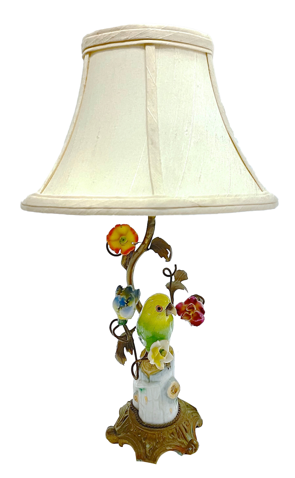 Bronze-Porcelain Parakeet & Floral Lamp~P77623585