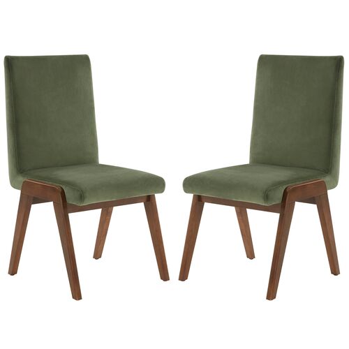 S/2 Forrest Velvet Dining Chairs, Olive Green/Dark Walnut