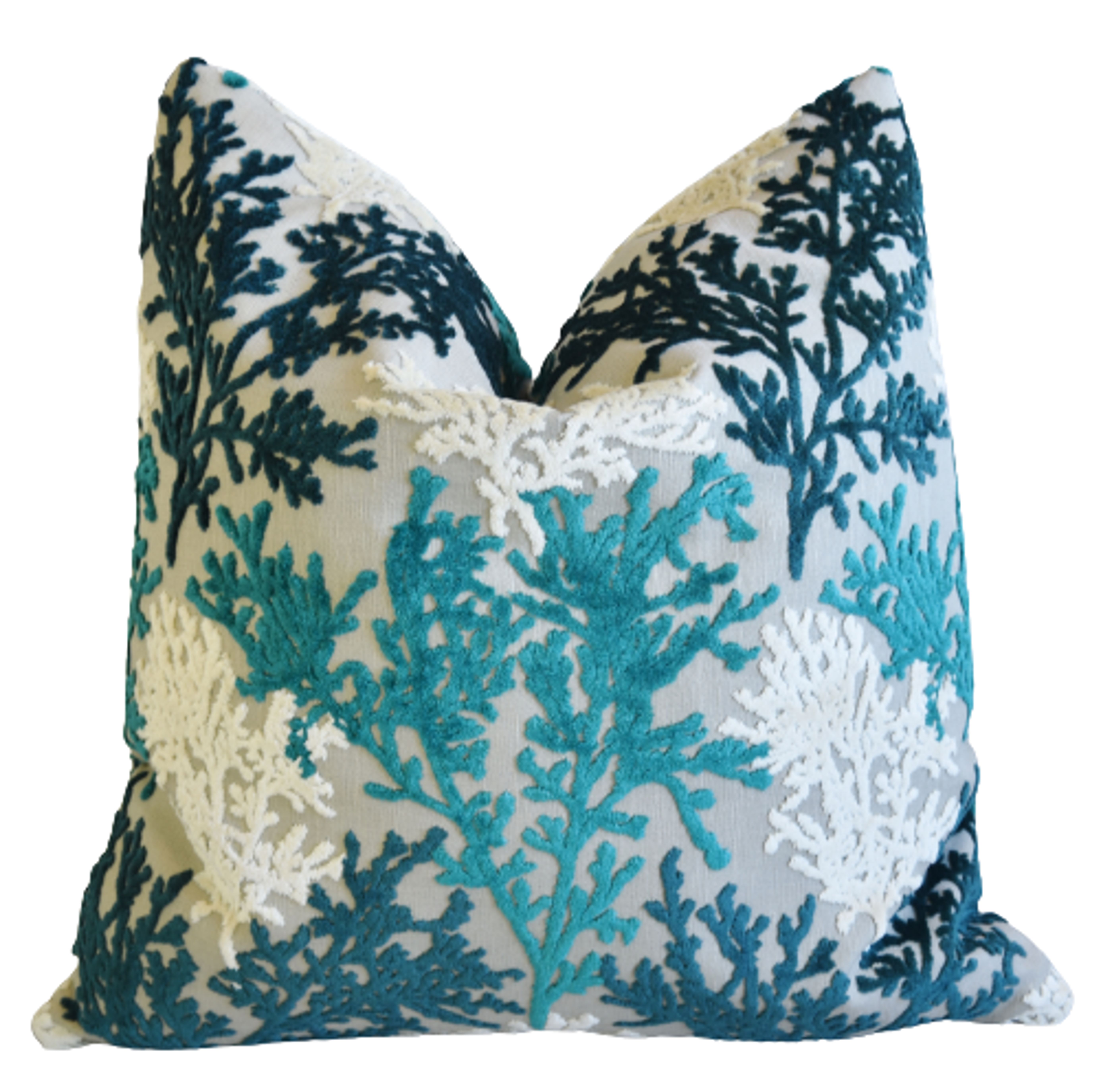 Aqua, White & Blue Coral Velvet Pillow~P77652659