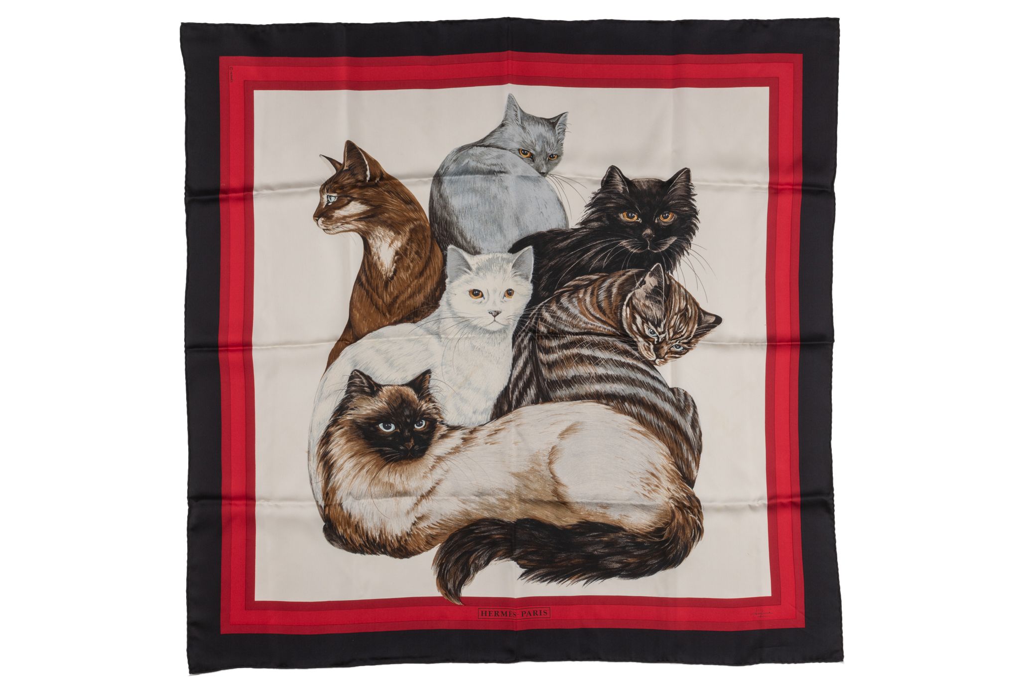 Hermès "Les Chats" Black Red Silk Scarf~P77732396