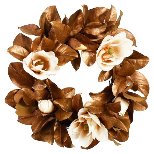 24" White Blossom Magnolia Wreath, Faux~P77507958