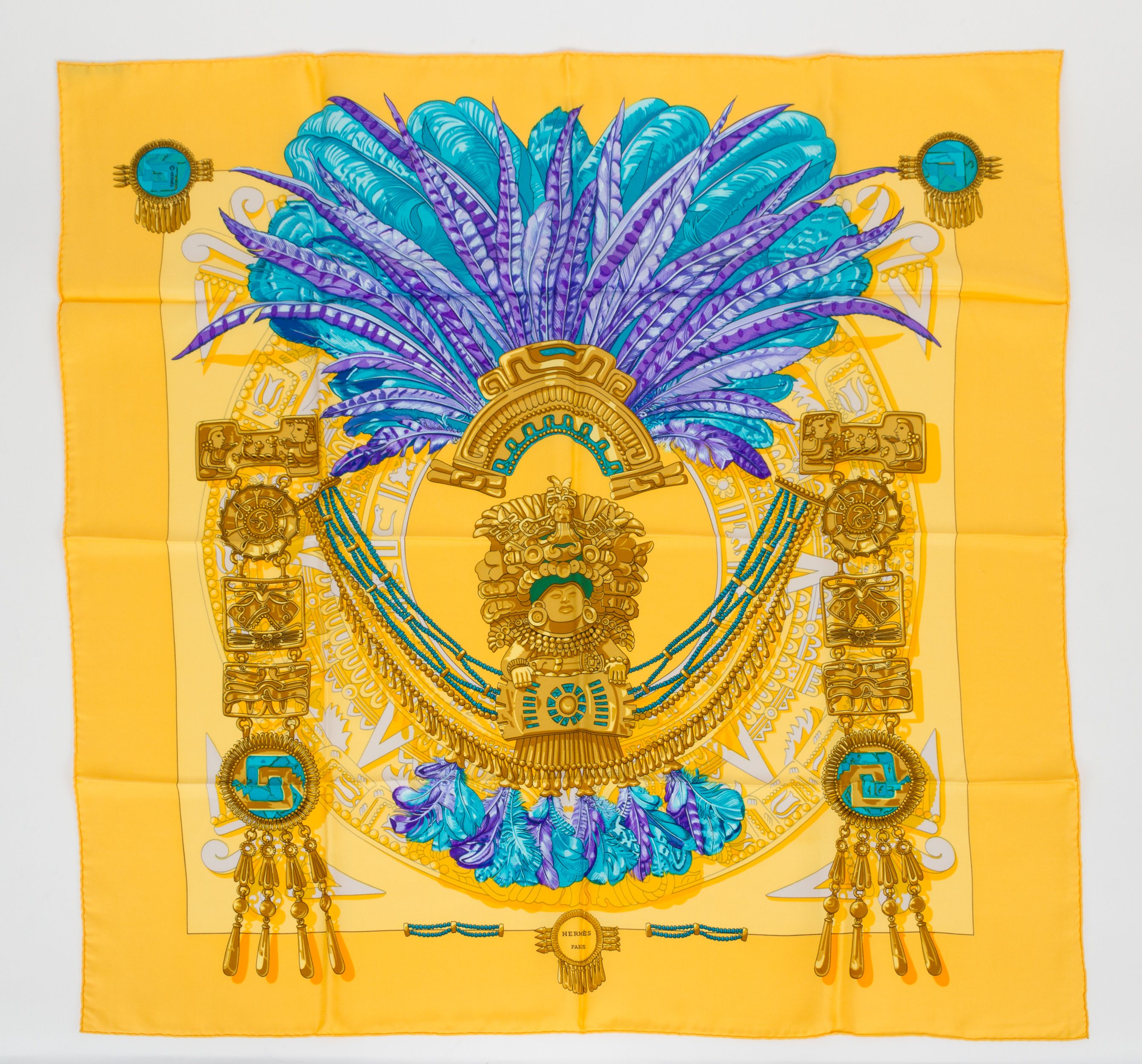 Hermès Yellow/Blue Aztec Silk Scarf~P77590530