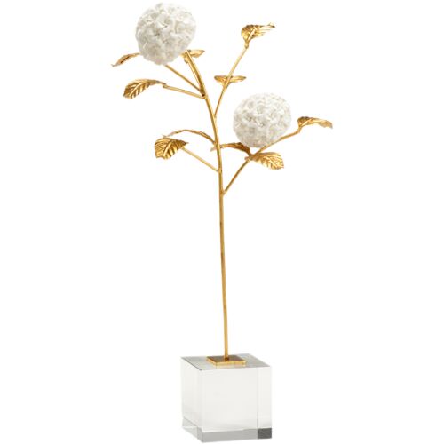 Hydrangea on Crystal Stand, White/Gold