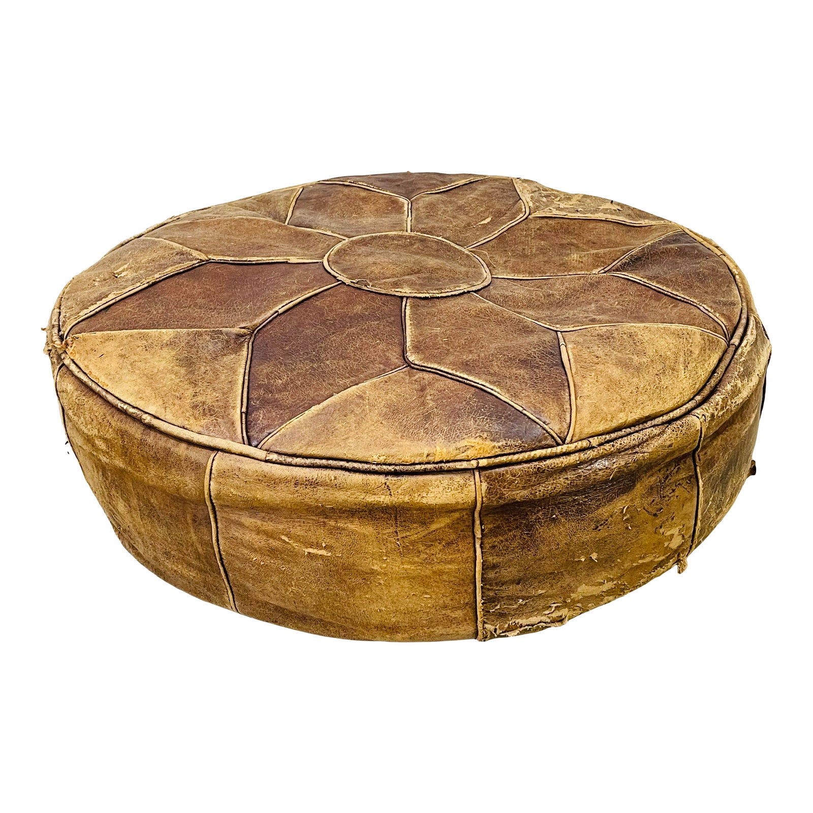 Round Distressed Leather Hassock~P77641395