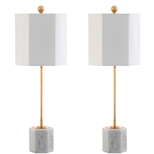S/2 Willard Hexagonal Table Lamps, Gold Leaf/White~P77427043