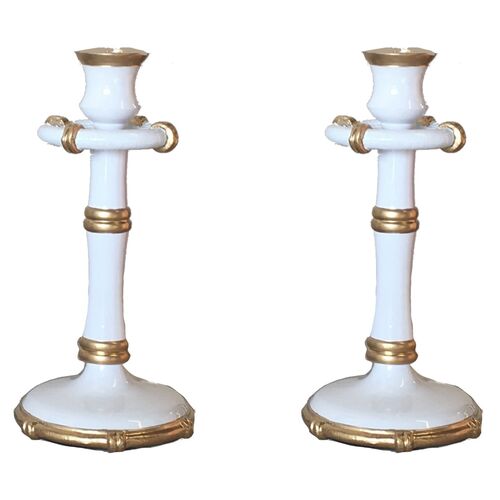 S/2 Bamboo-Style Candlesticks, White~P77455486