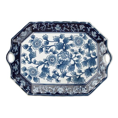 19" Handled Floral Platter, Blue/White~P76913513