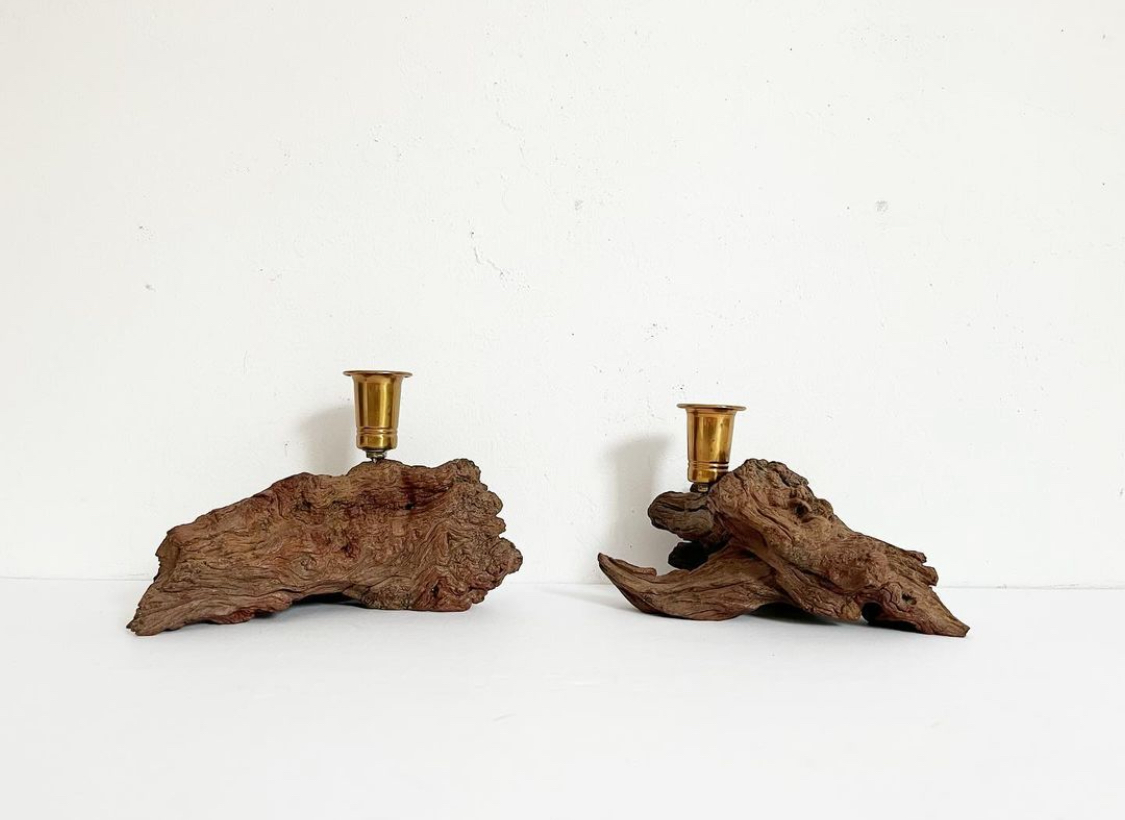 1960s Burl Wood Candle Holders, Pair~P77685373