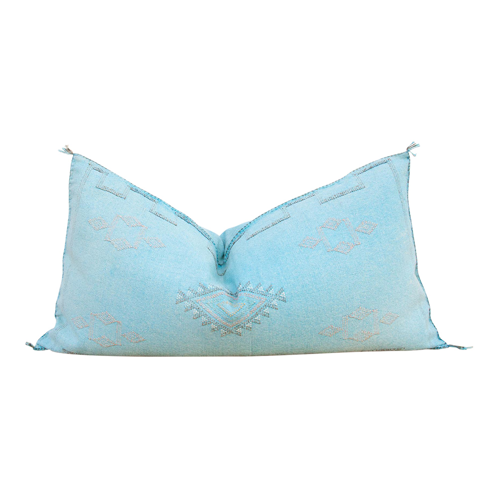 Sky Blue Lumbar Moroccan Silk Rug Pillow~P77662076