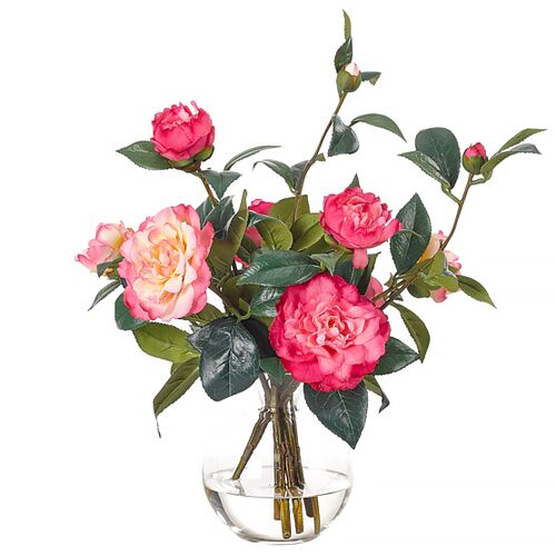 18" Pink Camellia Arrangement in Glass Bubble Vase, Faux