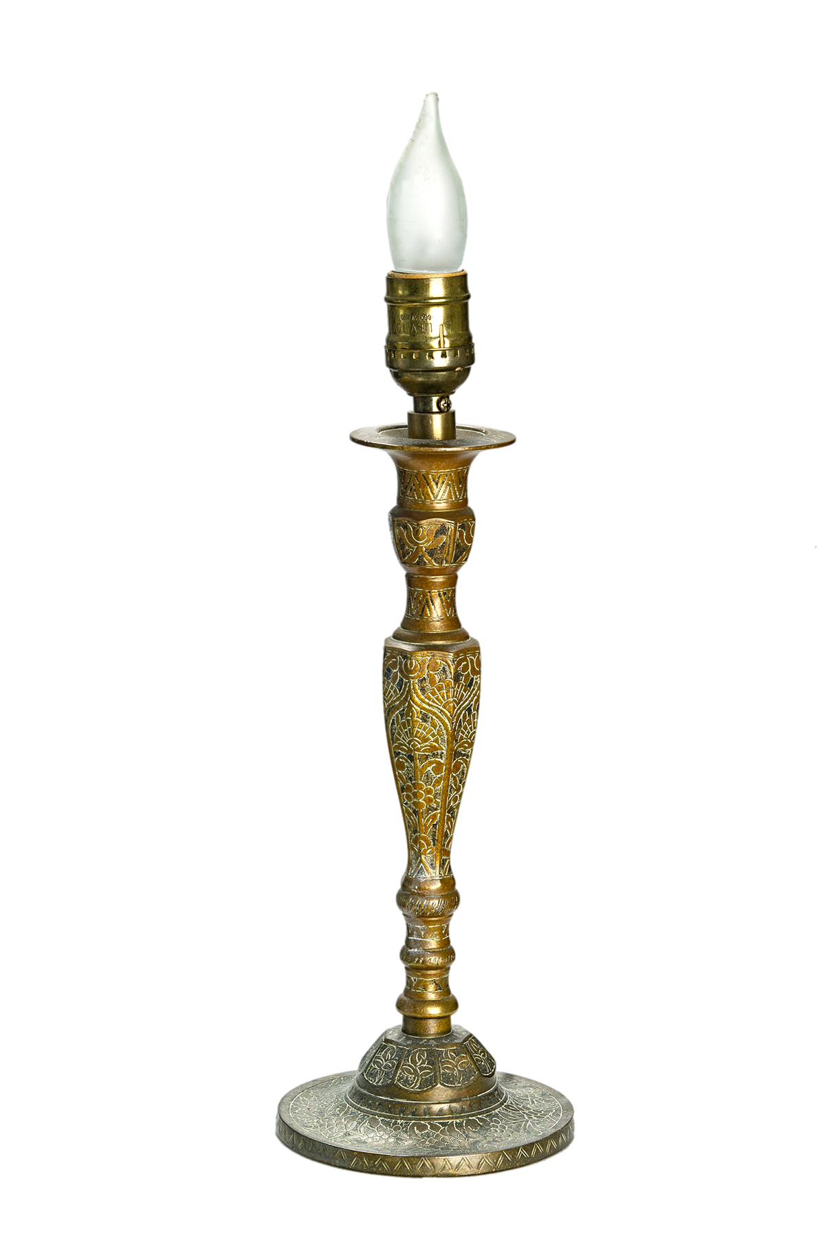Engraved Brass Candlestick Lamp/Silk~P77662219