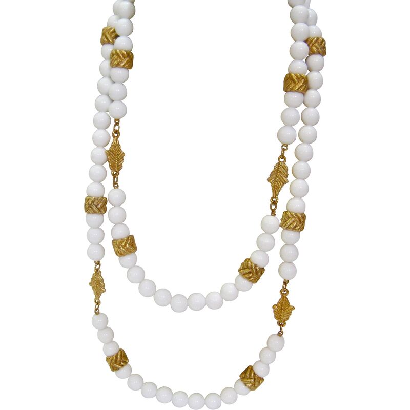 Milk Glass & Gold Beaded Necklace