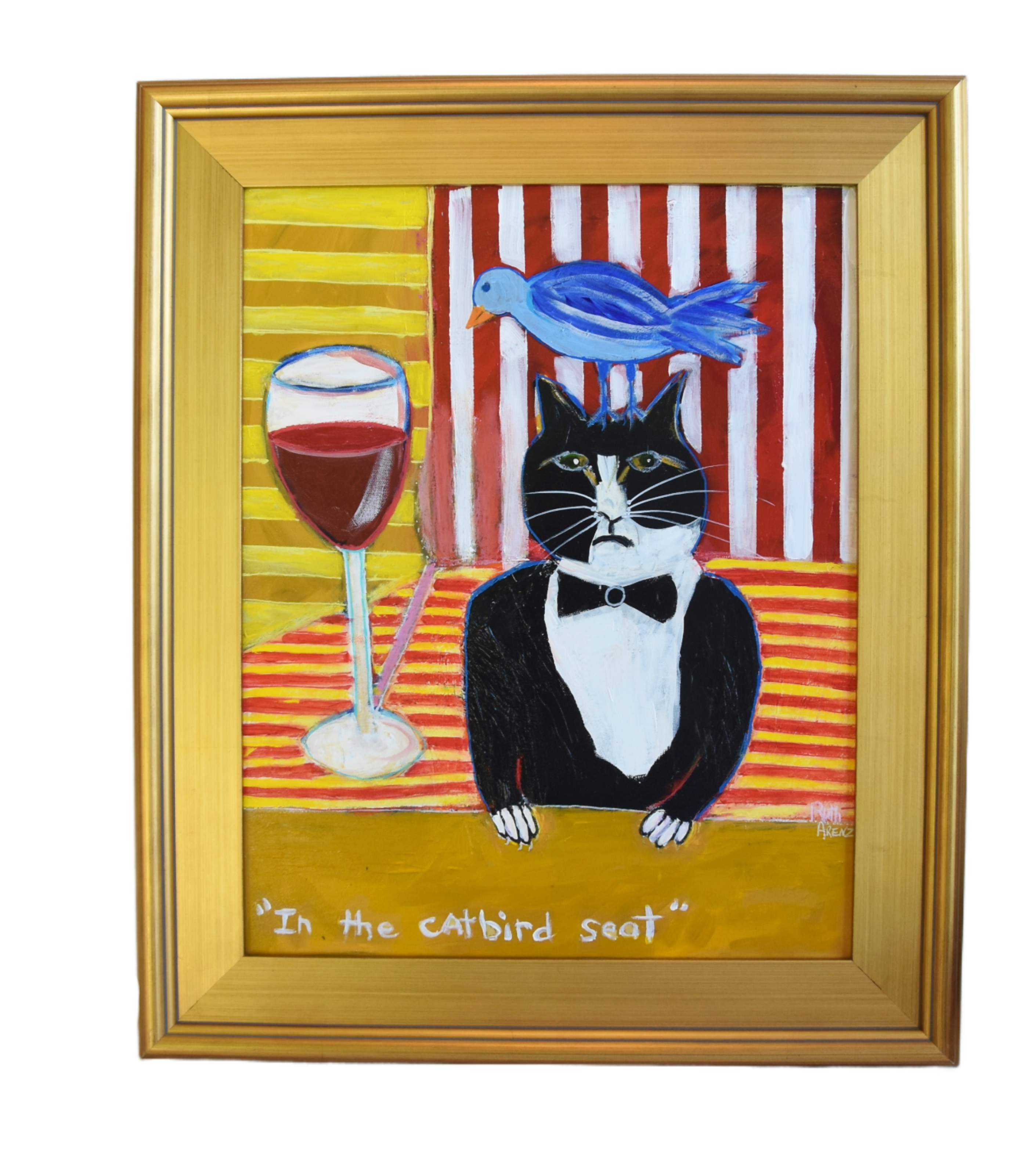 Outsider Art Tuxedo Cat Bluebird & Wine~P77671608
