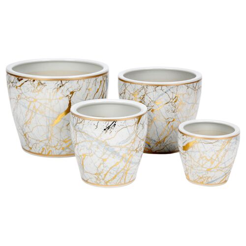 S/4 Faux Marble Planters, Gold